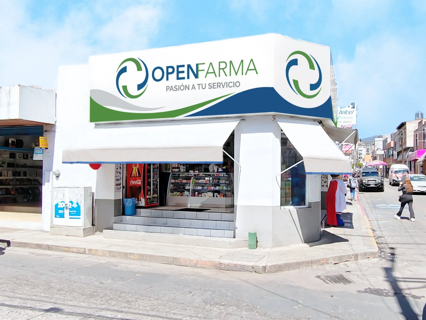 Fachada en esquina de una farmacia OpenFarma